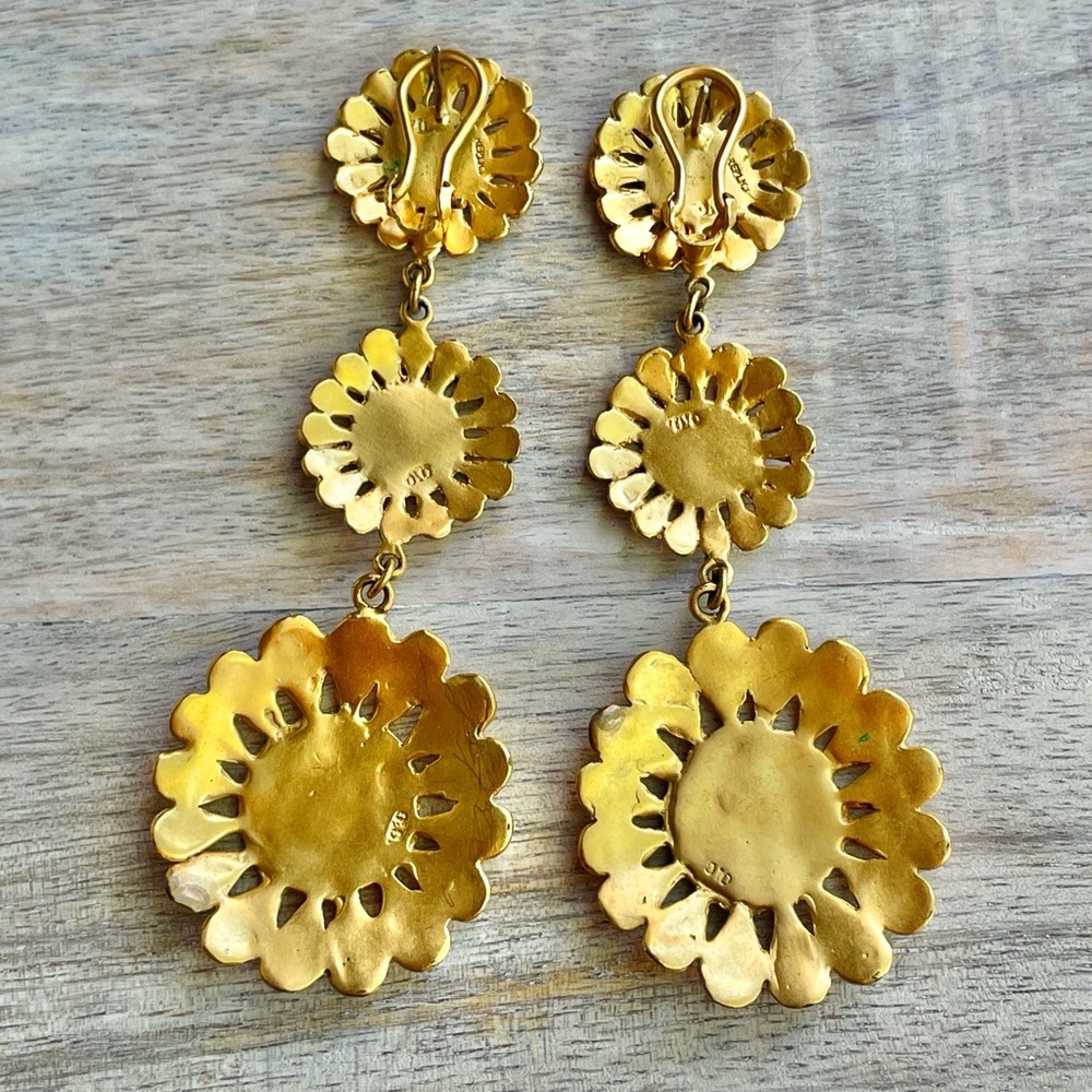 *Gold Tone* Floral Drop Earrings - Picture 4 of 11